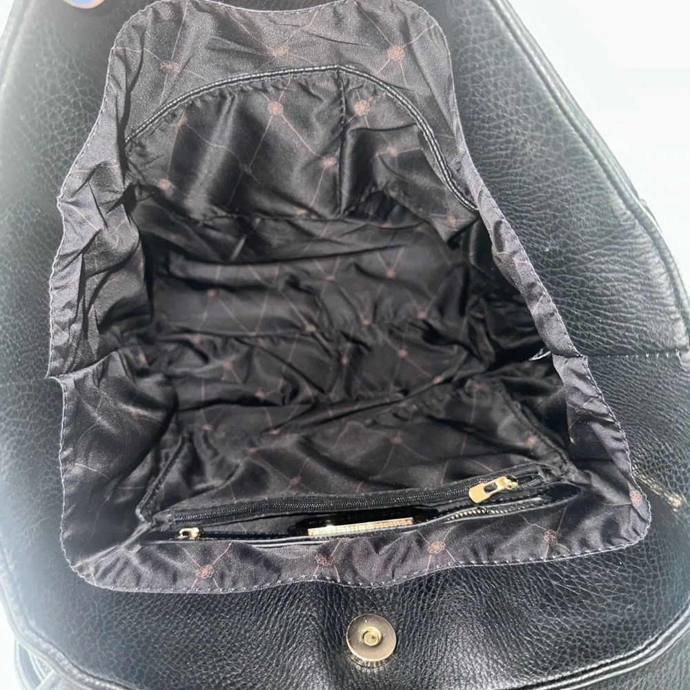 Madison West Faux Leather Convertible Backpack Tan and Black Gold Hardware